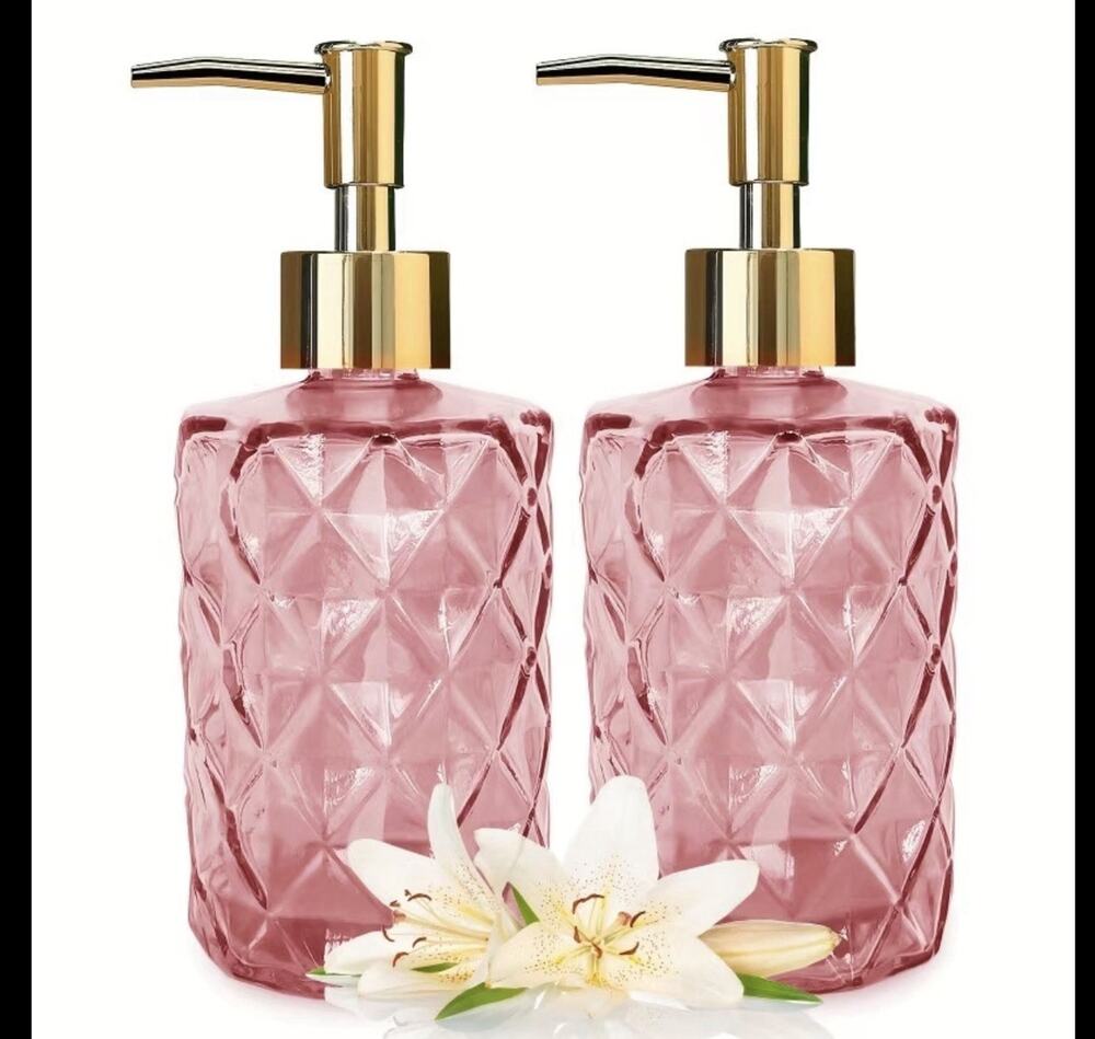 11.16 Ounce Glass Diamond Pink With Gold Top Soap Dispensers 2 Pack New